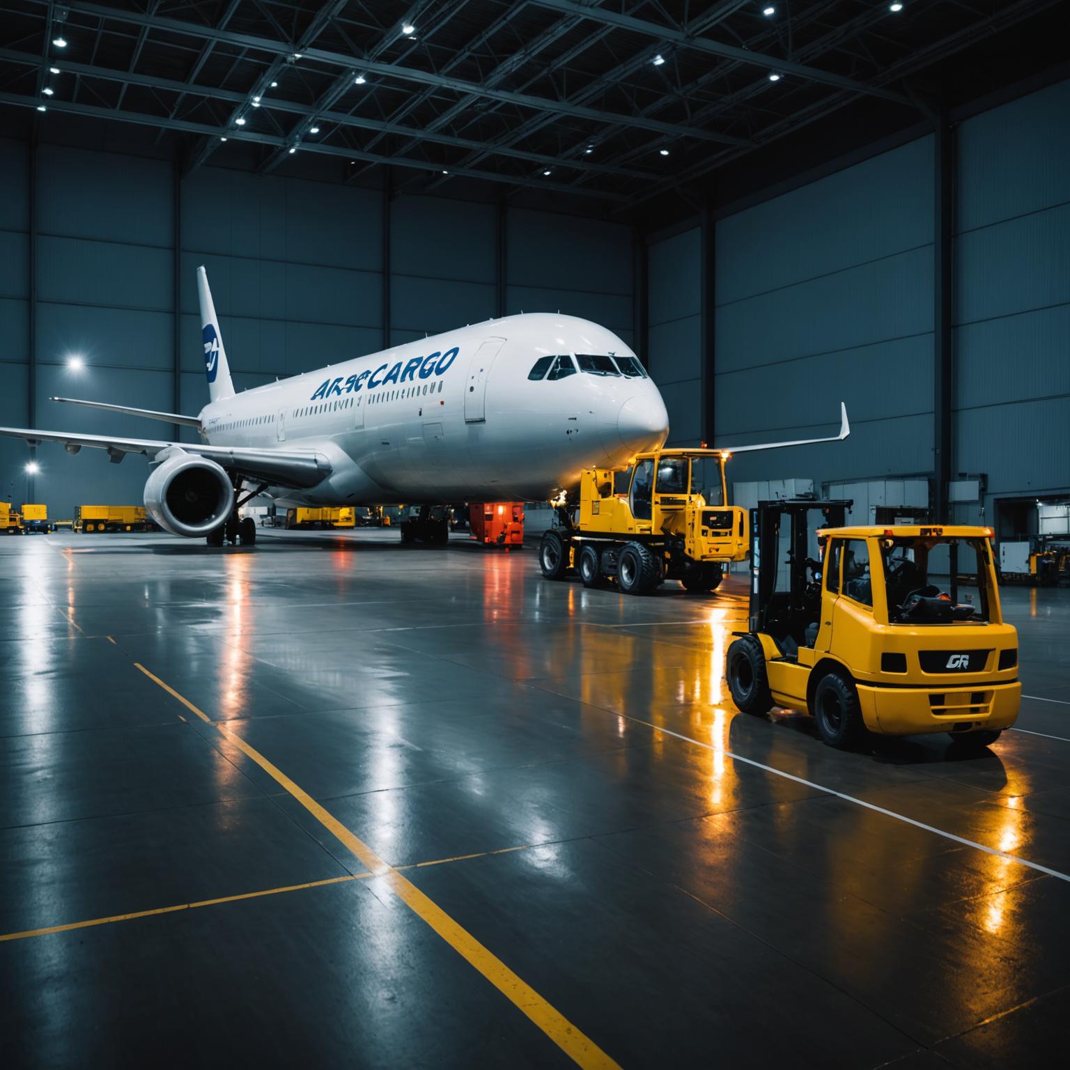 Loader fitting an air cargo ULD into a freighter aircraft at night