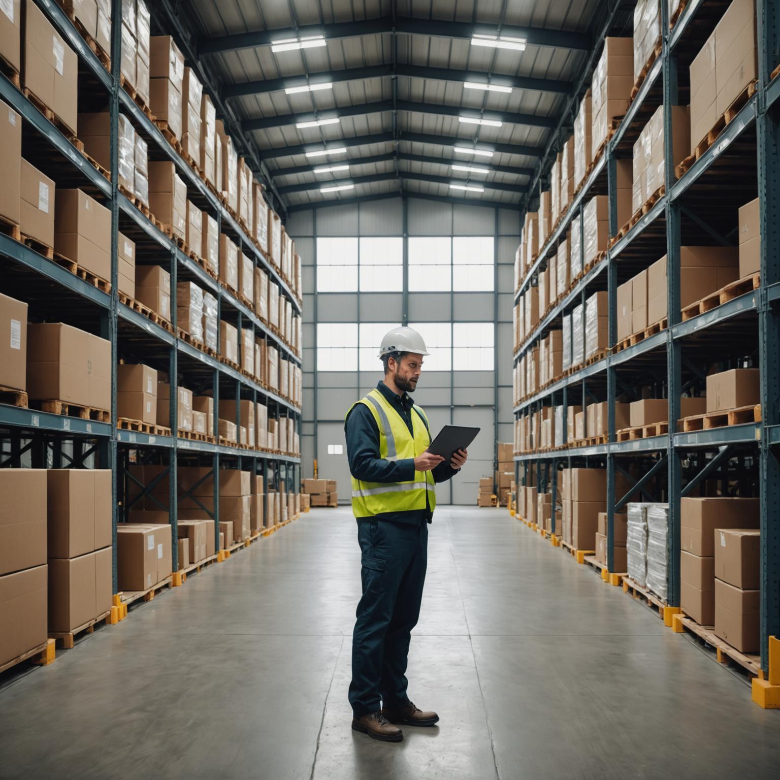 Customs officer documenting cartons inside a clean bonded warehouse