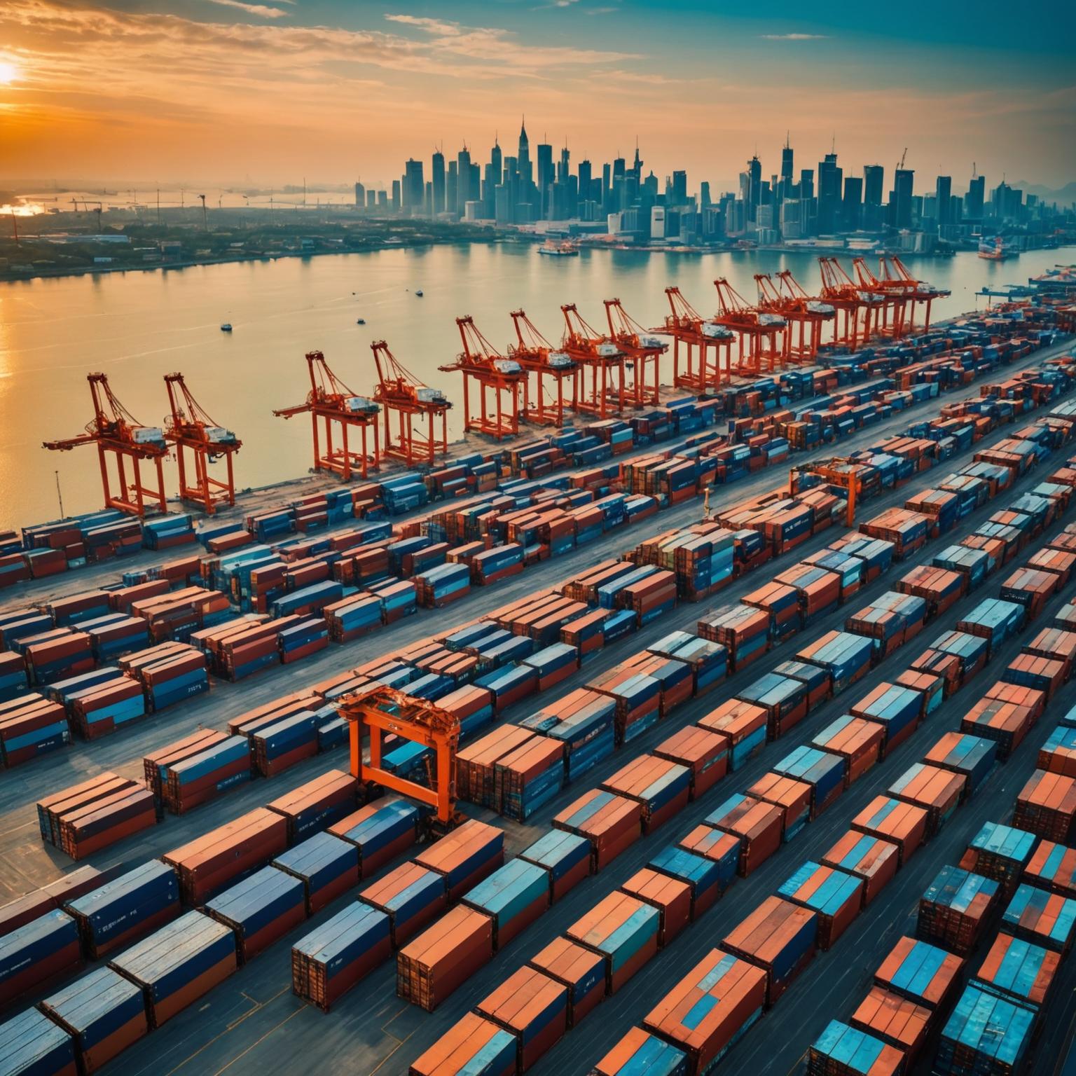 Container terminal at Port Klang at golden hour with cranes and a docked vessel