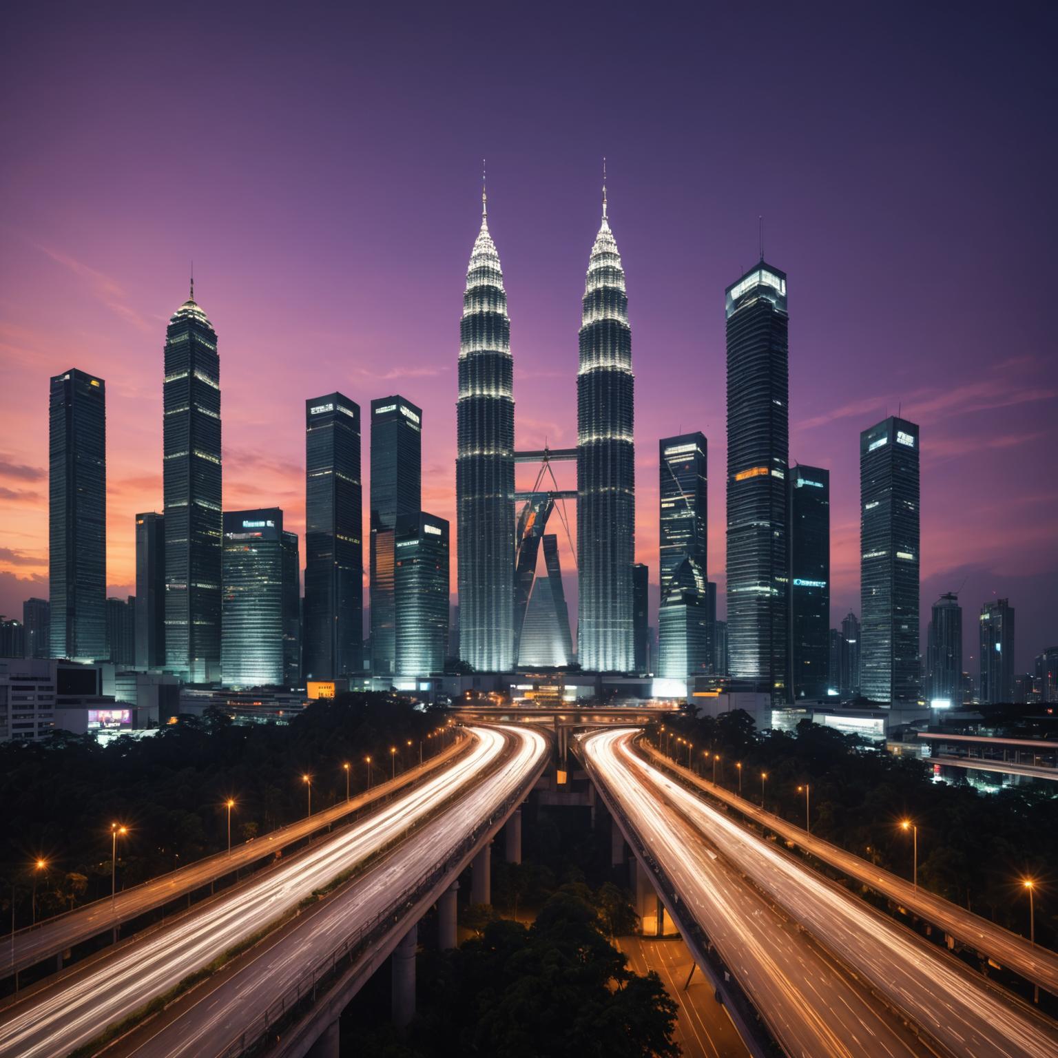 Kuala Lumpur skyline at twilight with Petronas Twin Towers and KL Tower