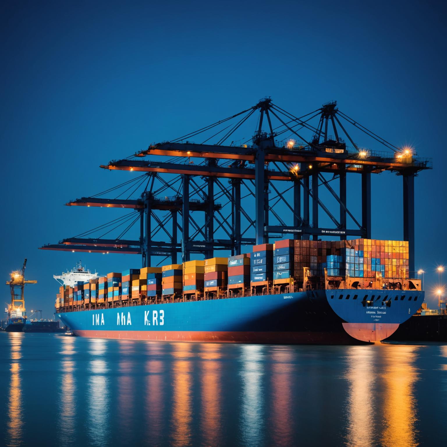 Container vessel docked at Port Klang during blue hour