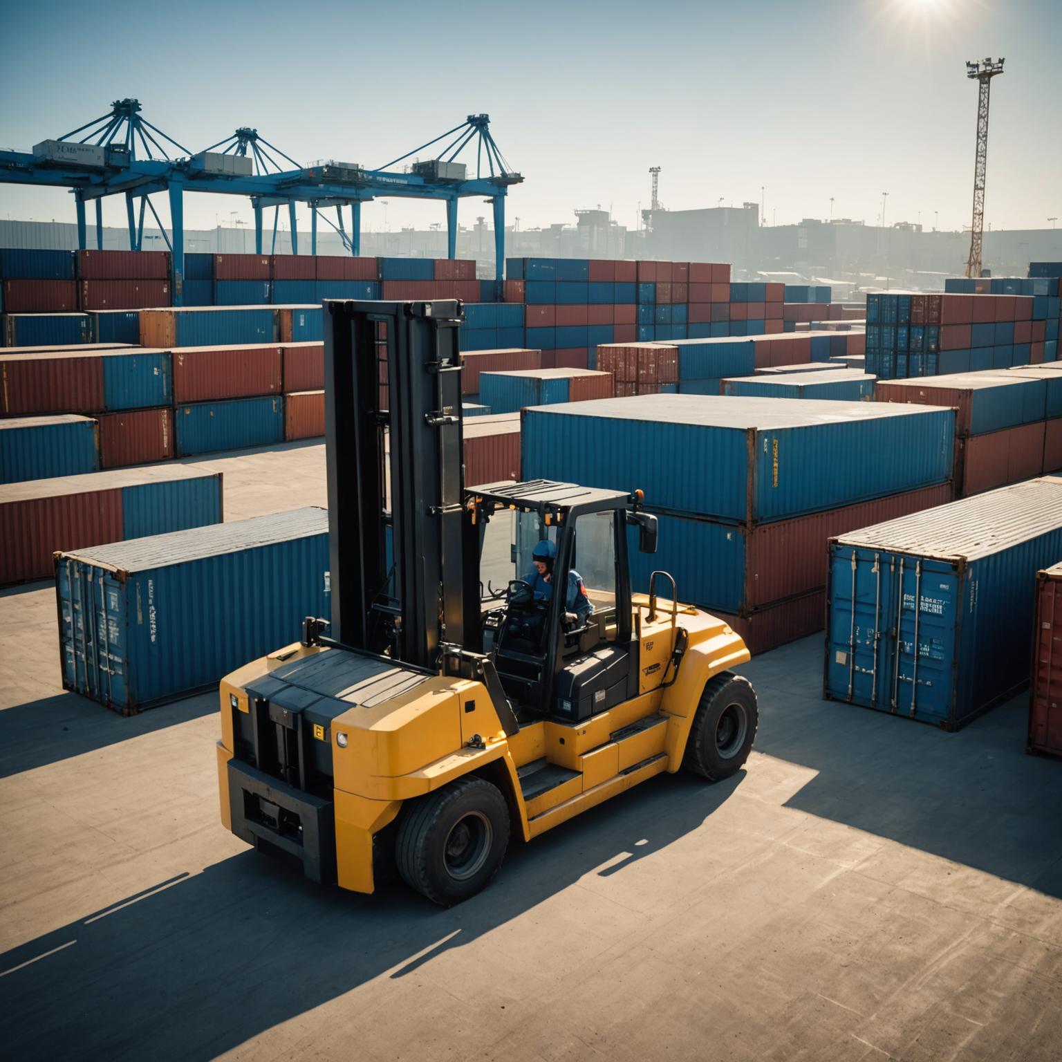 Reach stacker handling a container in an open intermodal yard