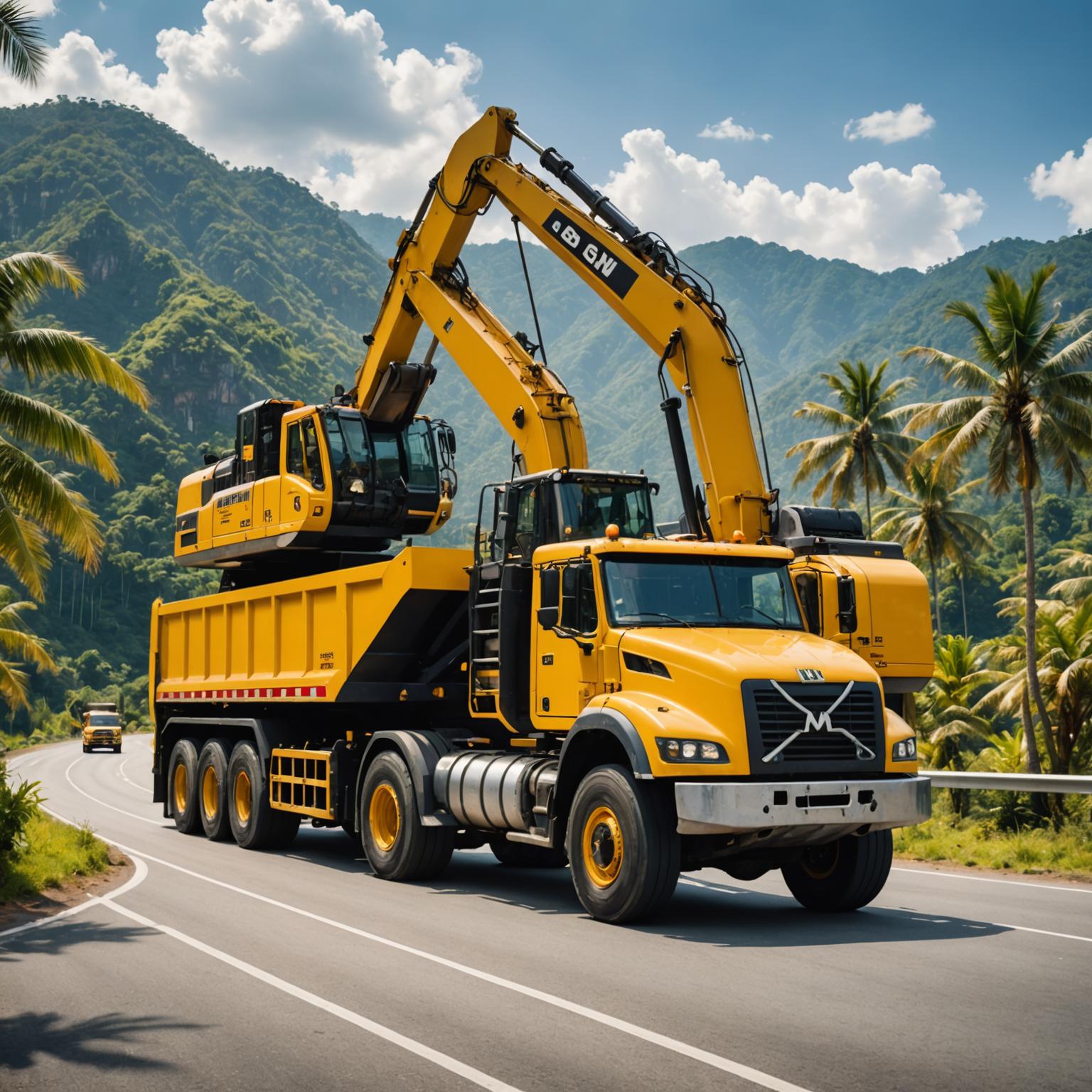 Multi-axle low-loader carrying a large yellow mining excavator on a Malaysian highway