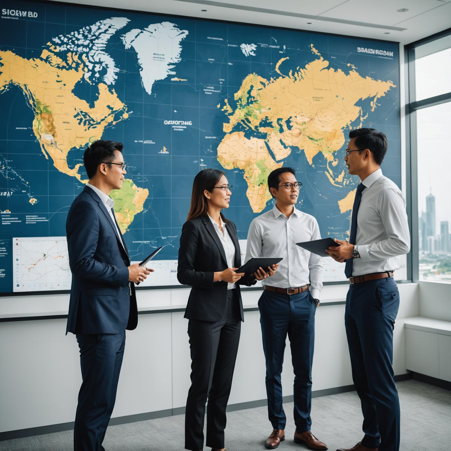 Riffblox operations team briefing in front of a global routes map in Kuala Lumpur